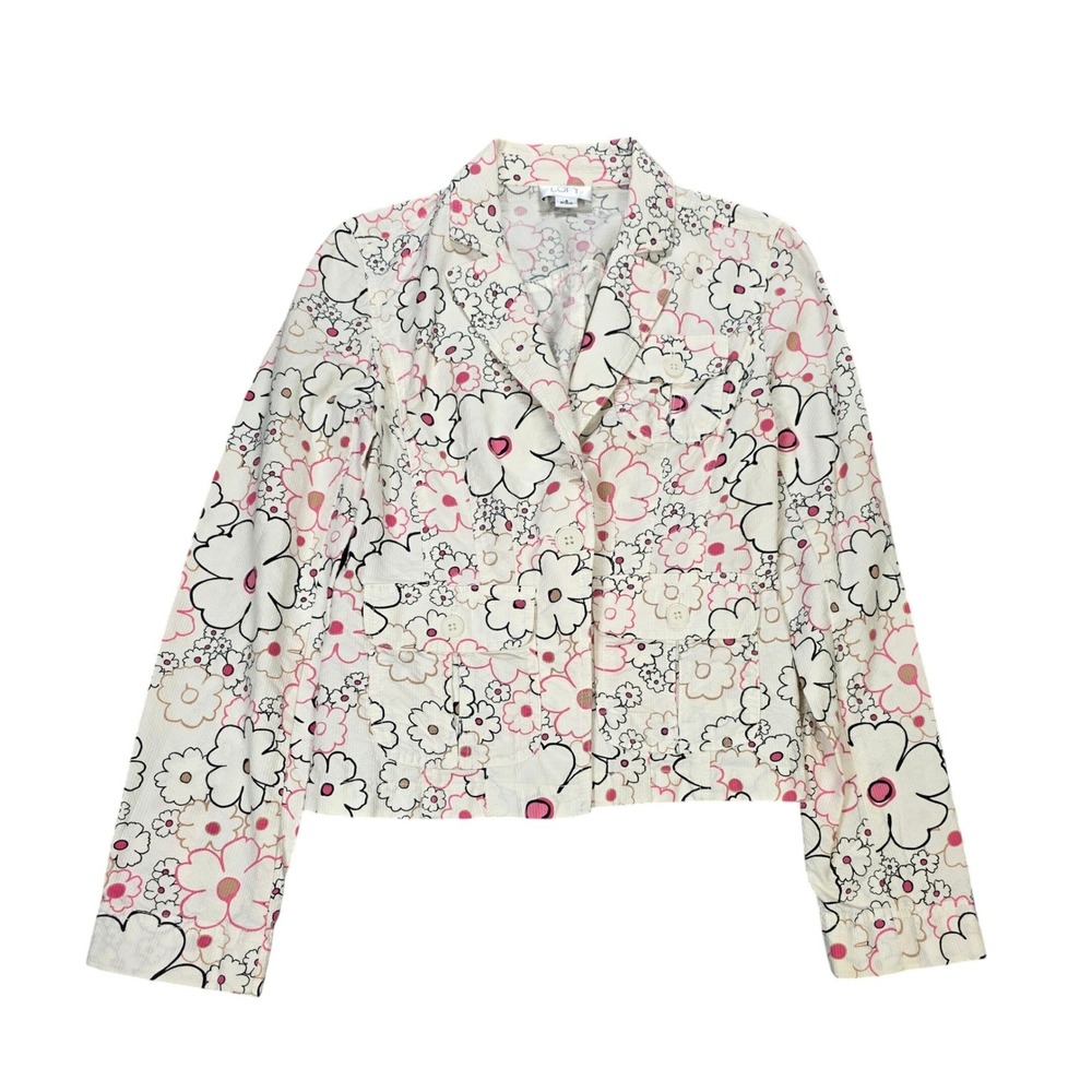 Ann Taylor LOFT Floral Corduroy Blazer Jacket Women's Size 4 White Pink Y2K